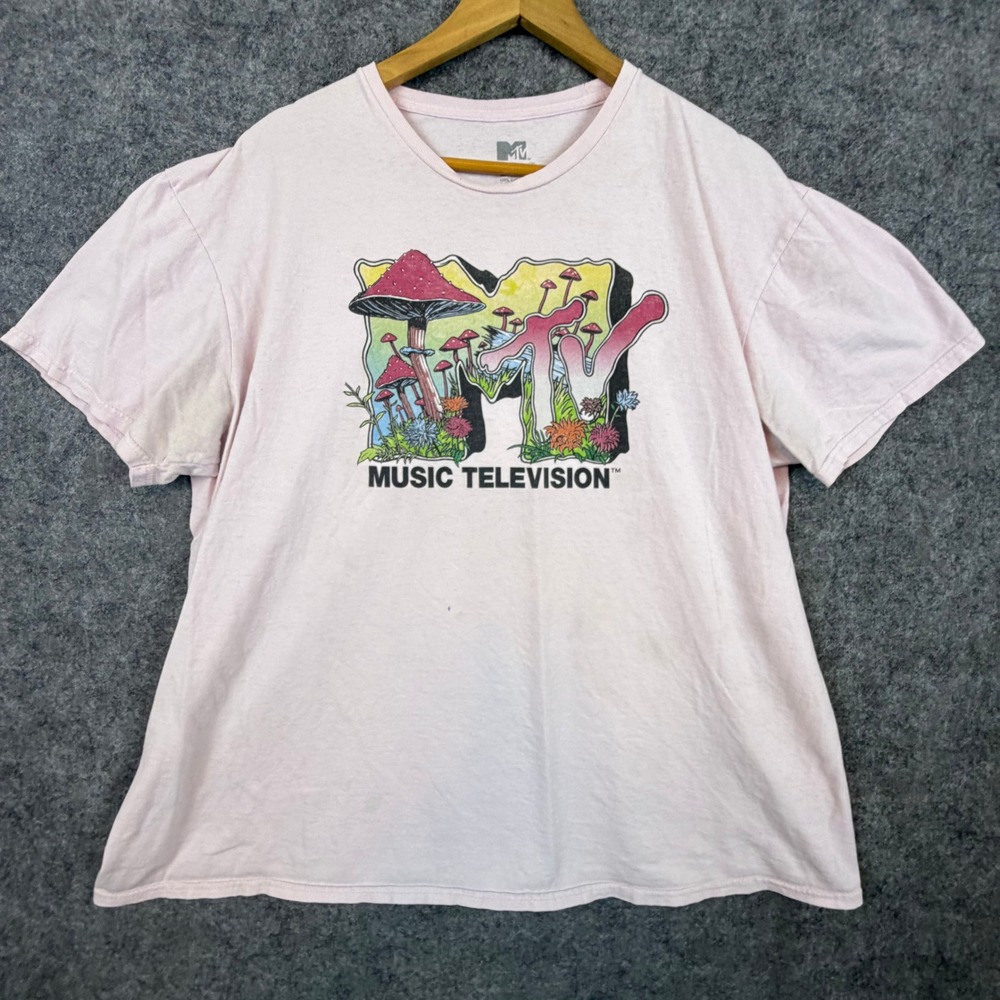 MTV Graphic T-Shirt Mens 2XL Pink Mushroom Psychedelic Music Television Cotton